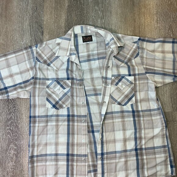Plains Other - Plains Western Wear Pearl Snap Shirt - Blue & Tan Plaid - Men's Large